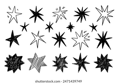 Garabato estrellas garabato dibujado a mano brillante monocromo Elementos de cómic colección en el estilo de graffiti grunge.