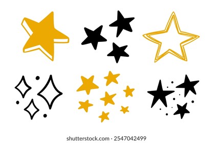 Conjunto de dibujos de Scribble Stars. Diferentes símbolos dibujados a mano. Doodle Sketch Elementos Colección. Señales de Vector.