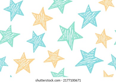 Las estrellas de esgrima grungan el patrón sin fisuras del vector. Fondo infantil. Decoración navideña. Papel de escritorio impreso con simples estrellas garabatos. Ornamento de ropa para bebé.