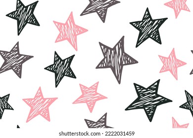 Scribble stars grunge vector seamless pattern. Festive background. New Year decoration. Wallpaper print with simple scribble stars. Funny starry ornament.