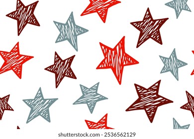 Patrón sin fisuras de Vector grunge de estrellas garabatadas. Fondo de la galaxia. Decoración navideña. Estampado de Fondo de pantalla con simples estrellas garabateadas. Adorno de ropa de bebé.