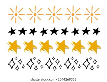 Conjunto de dibujos de trazos de estrellas y soles garabatos. Diferentes símbolos dibujados a mano. Doodle Sketch Elementos Colección. Señales de Vector.