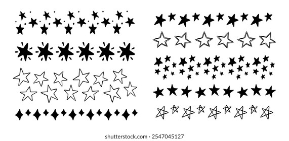 Conjunto de dibujos de trazos de estrellas y soles garabatos. Diferentes símbolos dibujados a mano. Doodle Sketch Elementos Colección. Señales de Vector.