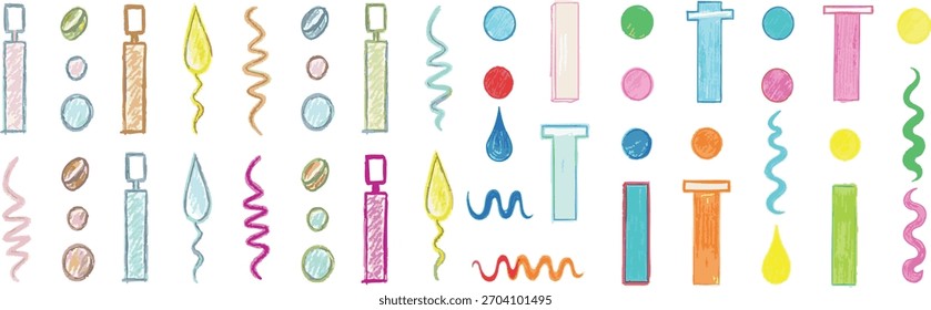Scribble streamers doodle confetti candles drops abstract shapes elements. Decoration components set.