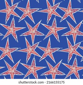 Scribble Style Abstract Stars Geometric Trendy Fashion Seamless Pattern Chic Colors Perfect for Allover Fabric Print or Wrapping Paper Royal Blue Background