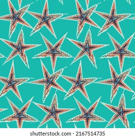 Scribble Style Abstract Stars Geometric Trendy Fashion Seamless Pattern Chic Colors Perfect for Allover Fabric Print or Wrapping Paper Tiffany Blue Background