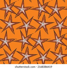 Scribble Style Abstract Stars Geometric Trendy Fashion Seamless Pattern Chic Colors Perfect for Allover Fabric Print or Wrapping Paper Bright Orange Background