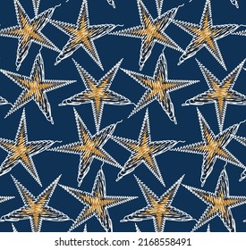 Scribble Style Resumen Estrellas Geometric Trendy Moda Seamless Pattern Colores Chic Perfecto para la impresión de tela de alamante o envolver papel Naval Fondo Azul