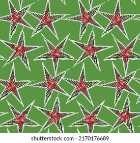 Scribble Style Resumen Estrellas Geométricas Moda de moda Seamless Pattern Colores Chic Perfecto para la impresión de tela de alamante o envolver papel Fondo Verde brillante