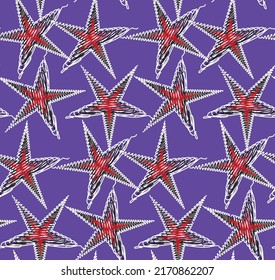 Scribble Style Resumen Estrellas Geométricas Moda de moda Seamless Pattern Colores Chic Perfecto para la impresión de tela de alamante o envolver papel Fondo Electric Purple