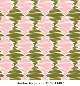 Scribble Style Diamond Check Pattern Seamless Pattern Trendy Fashion Colors Allover Print Design Minimalist Geometric Concept Olive Green Pastel Pink Tones