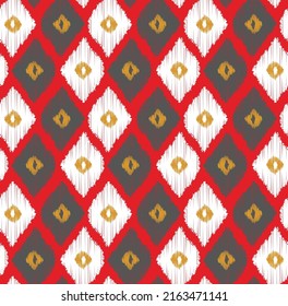Scribble Style Ikat Diamond Shapes Seamless Pattern Trendy Fashion Colors Minimal Design Perfect for Allover Print Red Gray White Tones
