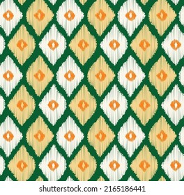 Estilo de grifo Ikat Diamond Shapes Seamless Pattern Colores de moda de moda de diseño minimalista Perfecto para la impresión de tonos amarillos verdes