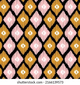 Estilo de grifo Ikat Formas de diamantes Patrón sin inconvenientes Colores de moda de moda Diseño minimalista Perfecto para la impresión de alamante Negro Mostaza amarillo pastel tonos rosados