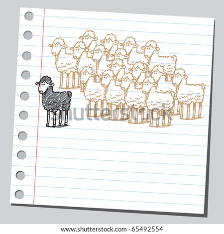 Scribble style illustration of a black sheep in front of a group of sheeps