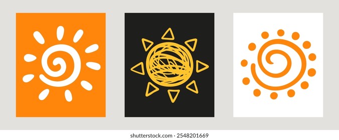 Scribble Sun Drawings Set. Different Hand Drawn Tribal Symbols. Doodle Sketch Elements Collection. Vector Signs.