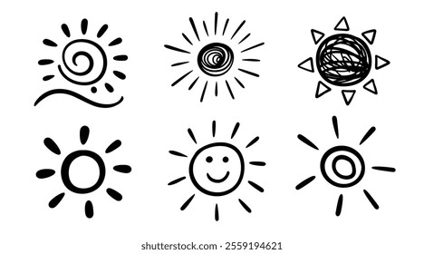 Scribble Sun Drawings Set. Different Hand Drawn Tribal Symbols. Doodle Sketch Elements Collection. Vector Signs.