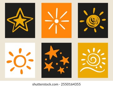 Scribble Sun Stars Drawings Set. Different Hand Drawn Posters, Cards with Tribal Symbols. Doodle Sketch Elements Collection. Vector Signs.