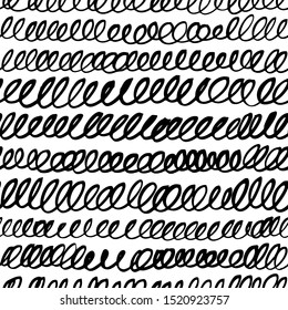 Scribble swirls hand drawn seamless pattern. Charcoal curls doodle drawing. Ink pen irregular shapes line art. Monochrome vector texture. Creative textile, wrapping paper, wallpaper design