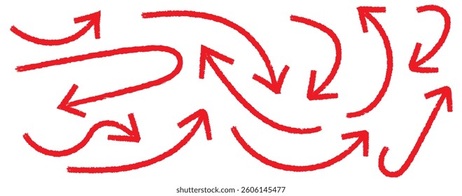 Scribble symbols of direction pointers. Red Hand drawn vector arrows doodle set on white background. Arrows with grunge lines. Hand drawn set of doodle arrow icons. Collection of hand free curved line