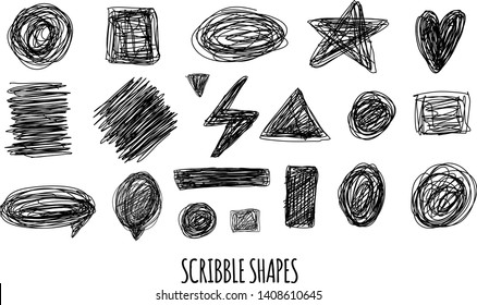 Scribble texture set. Pencil drawing with shapes of circle, star, heart. Chaotic sketch elements