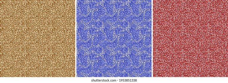 Scribble. Three funny linear seamless patterns of the same theme: brown blue, red.