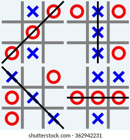 Scribble tic tac toe. Noughts and crosses. Isolated on blue background. Vector silhouettes