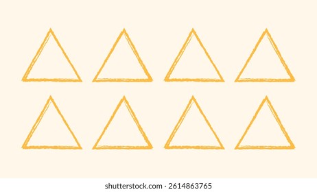 Scribble triangle sketch vector frame. Hand drawn rough scribble line shape. Children color crayon brush stroke border. Grunge doodle triangle scribble set. Vector illustration.