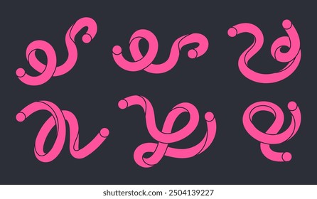 Scribble twisted lines. Hand drawn abstract colorful pink shapes, funny minimalist style scribbles flat vector illustration set. Cartoon comic scribble shapes