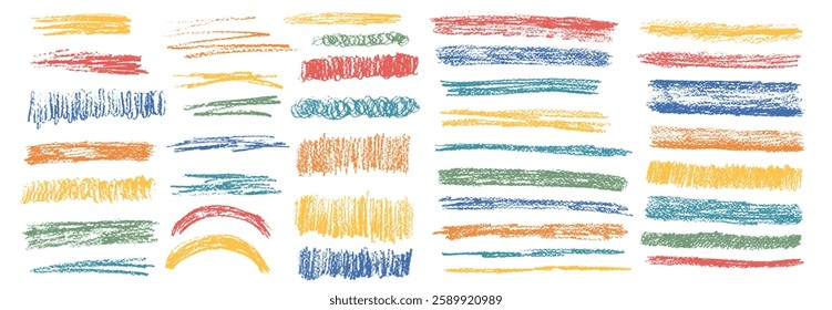 Scribble underlines set. Pencil or crayon lines pack. Vector hand drawn brush stroke collection illustration isolated on white background. Kids highlights handwritten shapes. Chalk emphasis figure.