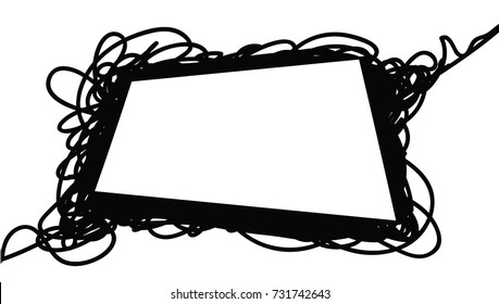 Scribble vector frame - chaotic circle line with beginning ans end with geometric white label on black. Design element for craft, presentation. EPS 8