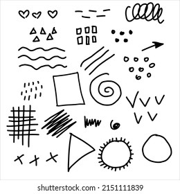 Scribble vector illustrations isolated set, doodle hand drawn collection for design