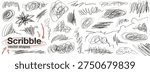Scribble vector shapes, pen and pencil scratches, lines and textures. Vector dynamic sketches of pencil and pen.
