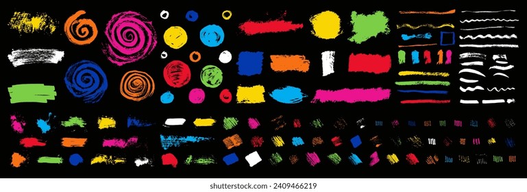 Scribble vector vibrant colorful childish hand drawn ink brush strokes, circles, spiral lines. Bright grunge textures. Collage design rough graphic shapes, scribbles. Isolated texture scrawl elements