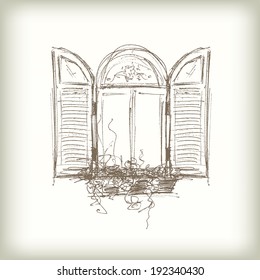 Scribble Vector Window. Drawn Pencil Sketch Style Window with Shutters