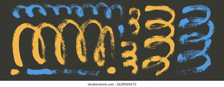 Rabisco molhado pincelada plana pinta rabisca linhas. Confete desenhado à mão crianças. Elementos de rabisco de corante linear definidos isolados em plano de fundo escuro. Vetor doodle festa espiral celebração decoração.