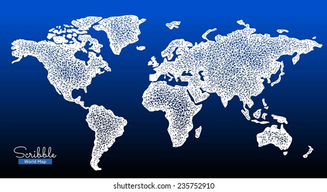 Scribble World map. white on dark background