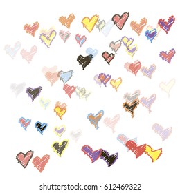 Scribble Yellow, Red, Blue, Dark, Brown and Violet Hearts of Different Size and Color on White Background