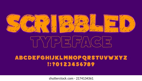 Scribbled alphabet font. Hand drawn letters and numbers. Stock vector typeface for your typography design.