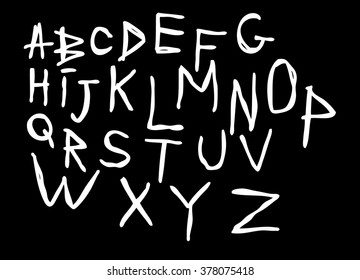 Scribbled alphabet on a black background. Vector art.