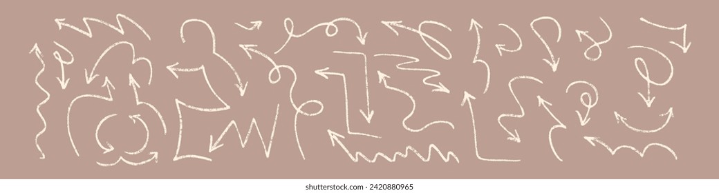 Pfeildoodles, handgezeichnet mit Pinsel, Bleistift und Marker. Skizze wie Linien und Kreise, die nach unten zeigen. Flache Vektorgrafik einzeln auf weißem Hintergrund.