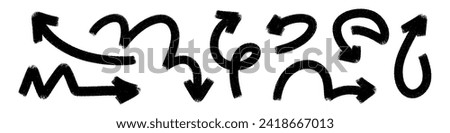 Scribbled arrow doodles, hand drawn with brush, pencil, and marker. Sketch like lines and circles pointing down. Flat vector illustration isolated on white background.
