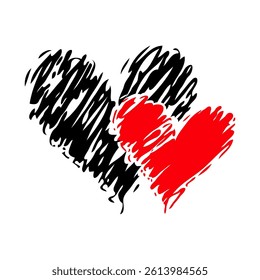 Scribbled black and red hearts overlapping, hand-drawn style on white background, representing love, passion, and emotional connection