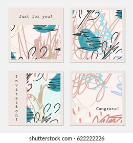 Scribbled blue birds and trees.Hand drawn creative invitation greeting cards. Poster, placard, design templates. Anniversary, Birthday, wedding, party cards set of 4. Isolated on layer.