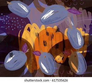 Scribbled blue plums on marker brown details.Creative abstract colorful seamless pattern.  Universal bright background for greeting cards, invitations. Had drawn ink and marker texture.