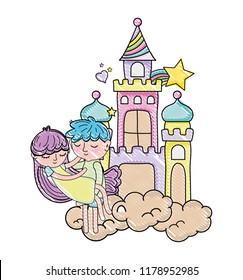 scribbled boy carrying girl in the castle clouds