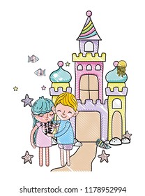 scribbled boy and girl with heart in the castle stars