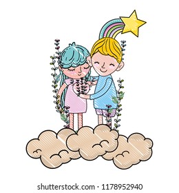 scribbled boy and girl together in the clouds with rainbow