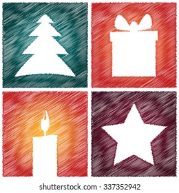 Scribbled christmas background with gift, candle, christmas star and tree. Vector illustration. 