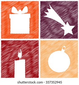 Scribbled christmas background with gift, candle, christmas star and tree. Vector illustration. 